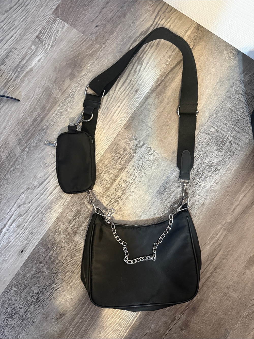 Black Chain Accent Shoulder Bag with Detachable Pouch